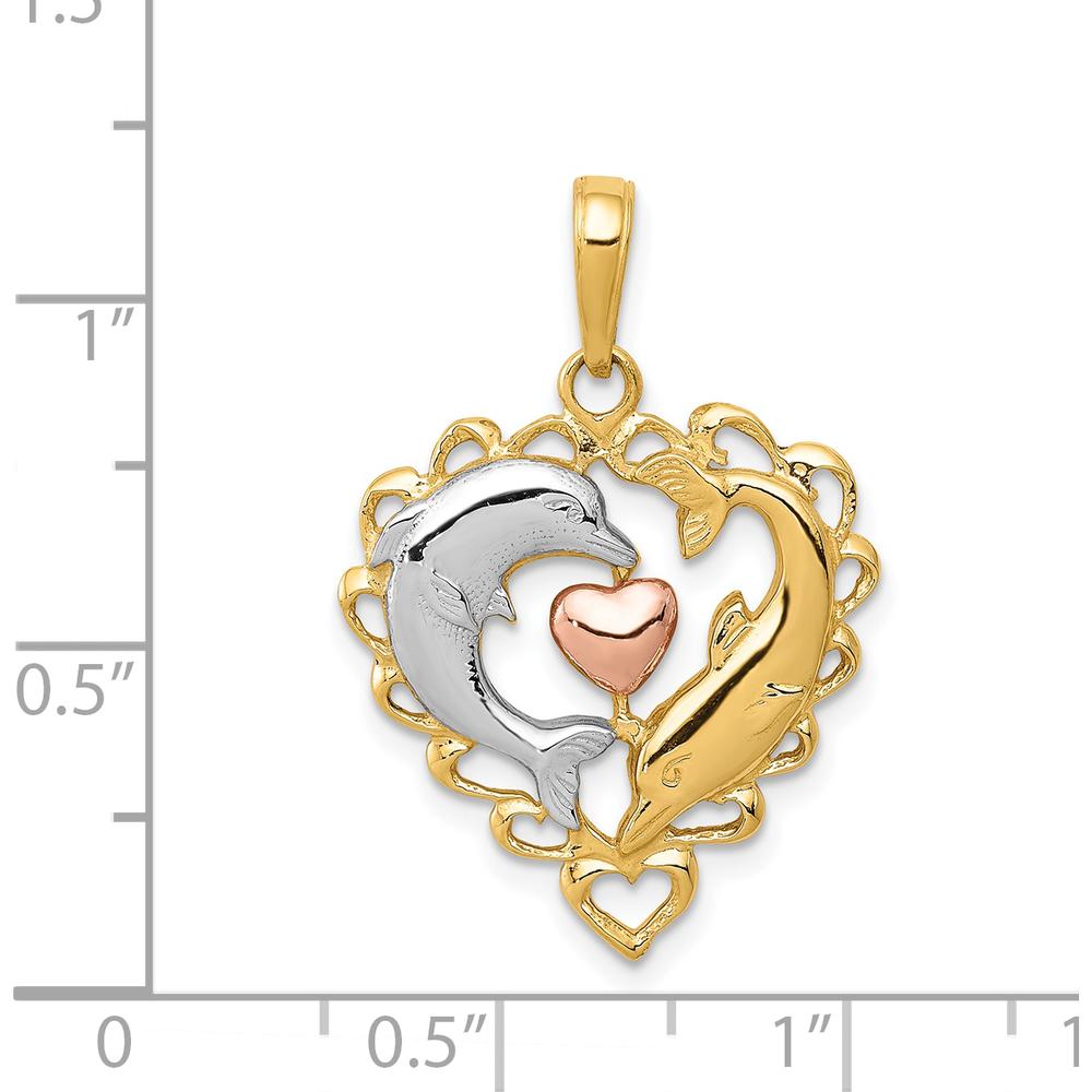 14K Two-Tone Gold Dolphins in Heart Pendant with White Rhodium Detailing by Oro Pregiato