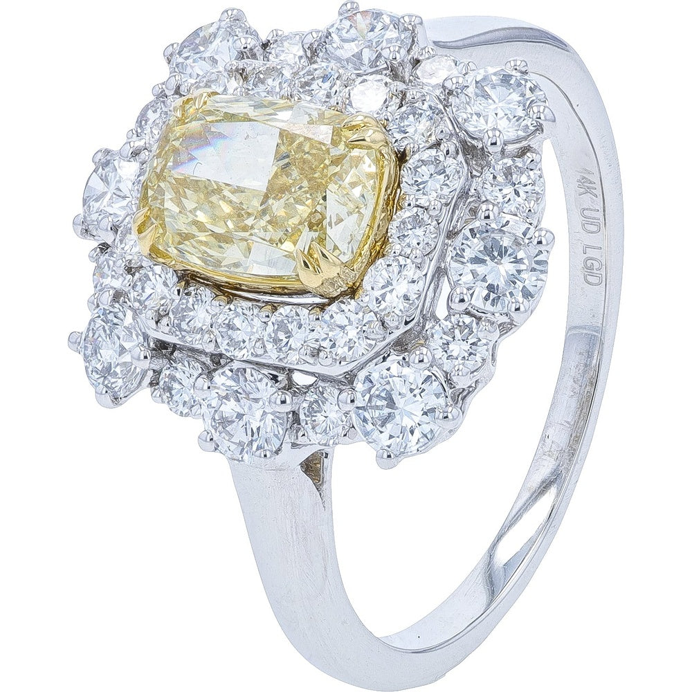 14K Two-Tone Gold Double Halo Engagement Ring with 1.00 Carat Cushion Cut Yellow Lab Grown Diamond and Round Diamond Accents - 2.20 Carat Total Diamond Weight