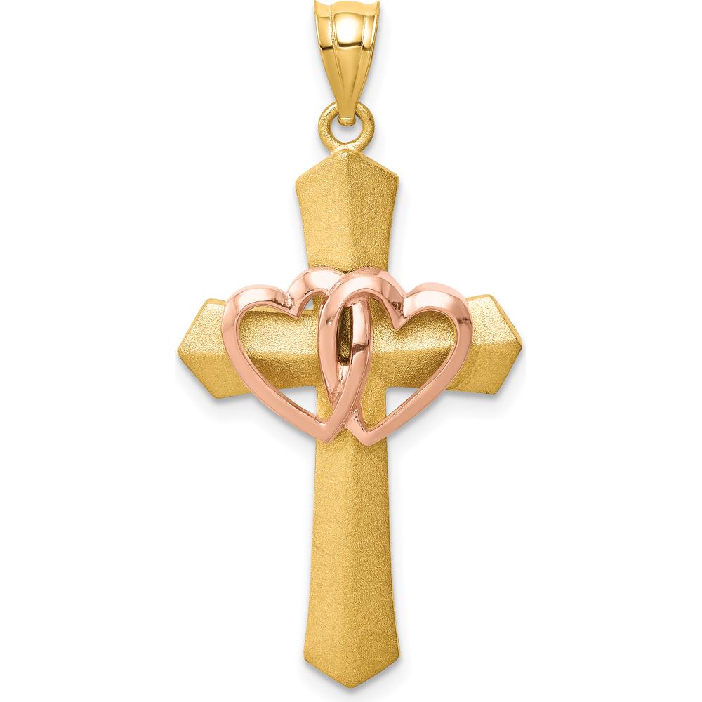 14K Two-Tone Gold Double Heart Cross Pendant Charm by Oro Pregiato