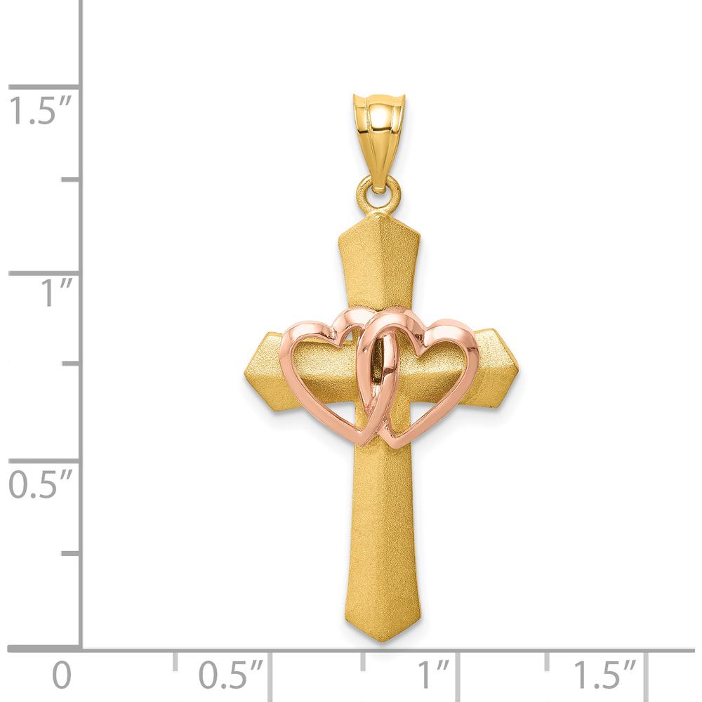 14K Two-Tone Gold Double Heart Cross Pendant Charm by Oro Pregiato