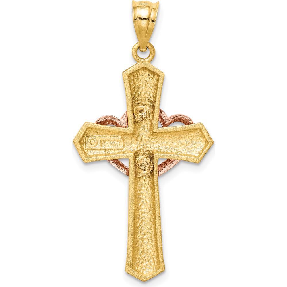 14K Two-Tone Gold Double Heart Cross Pendant Charm by Oro Pregiato