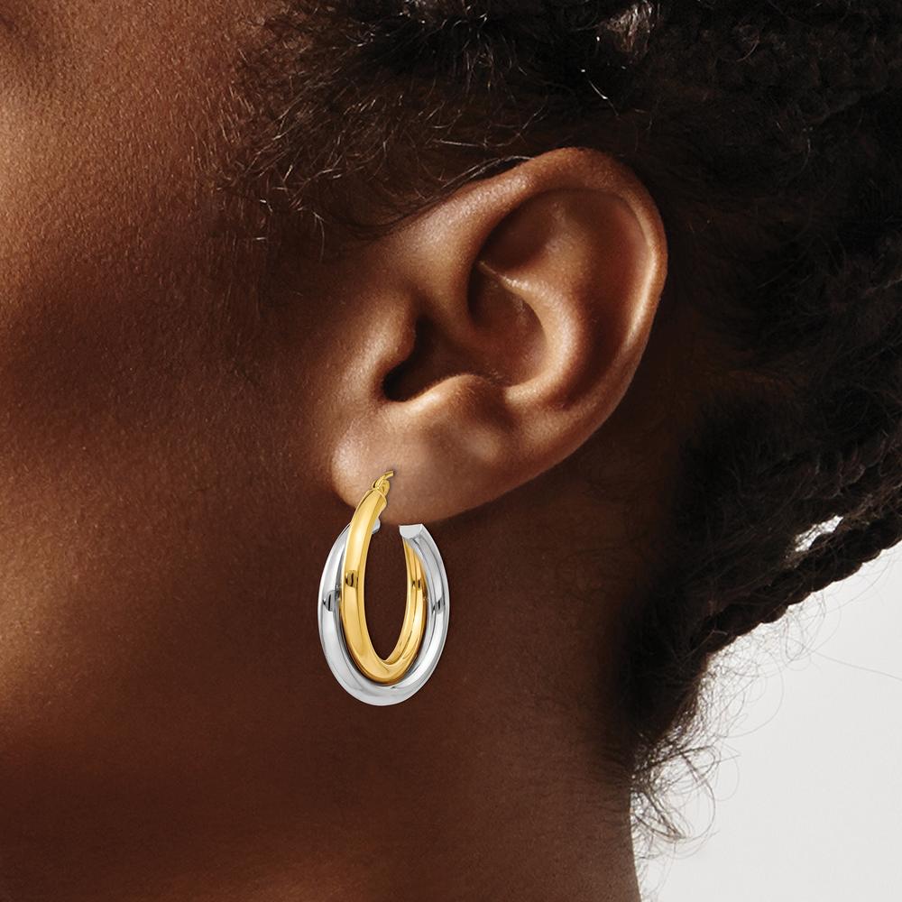 14K Two-Tone Gold Double Hoop Earrings - Polished Finish 17mm Length by Oro Pregiato