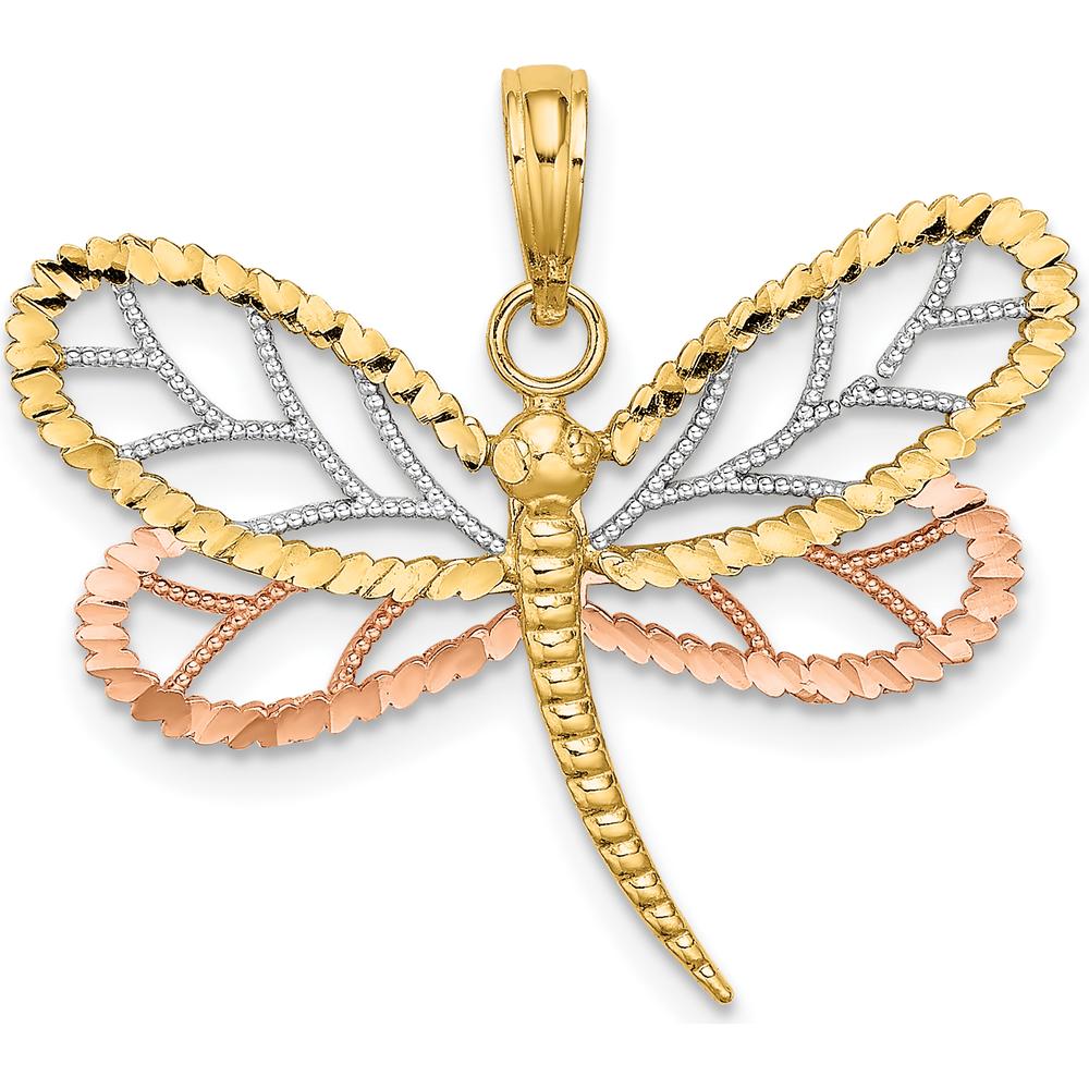 14K Two-Tone Gold Dragonfly Charm with Beaded Diamond-Cut Wings in Rhodium Finish - 24.6mm Length by Oro Pregiato