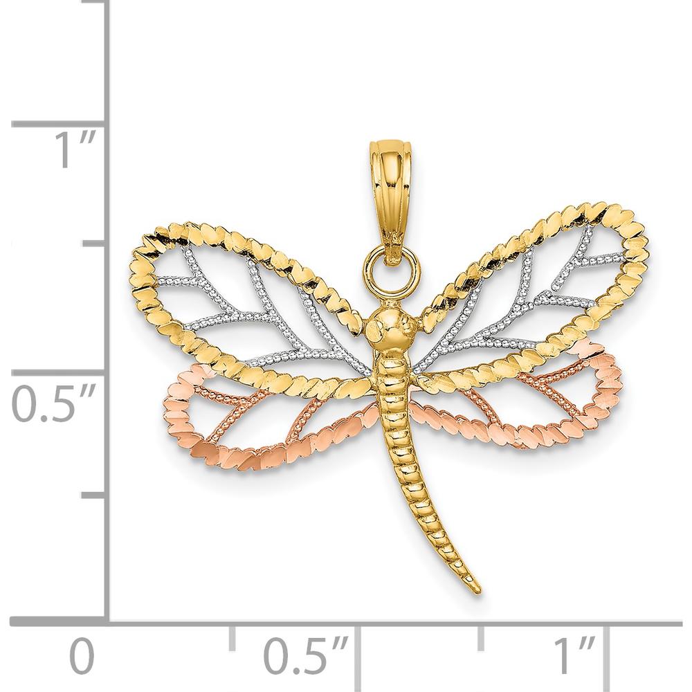 14K Two-Tone Gold Dragonfly Charm with Beaded Diamond-Cut Wings in Rhodium Finish - 24.6mm Length by Oro Pregiato