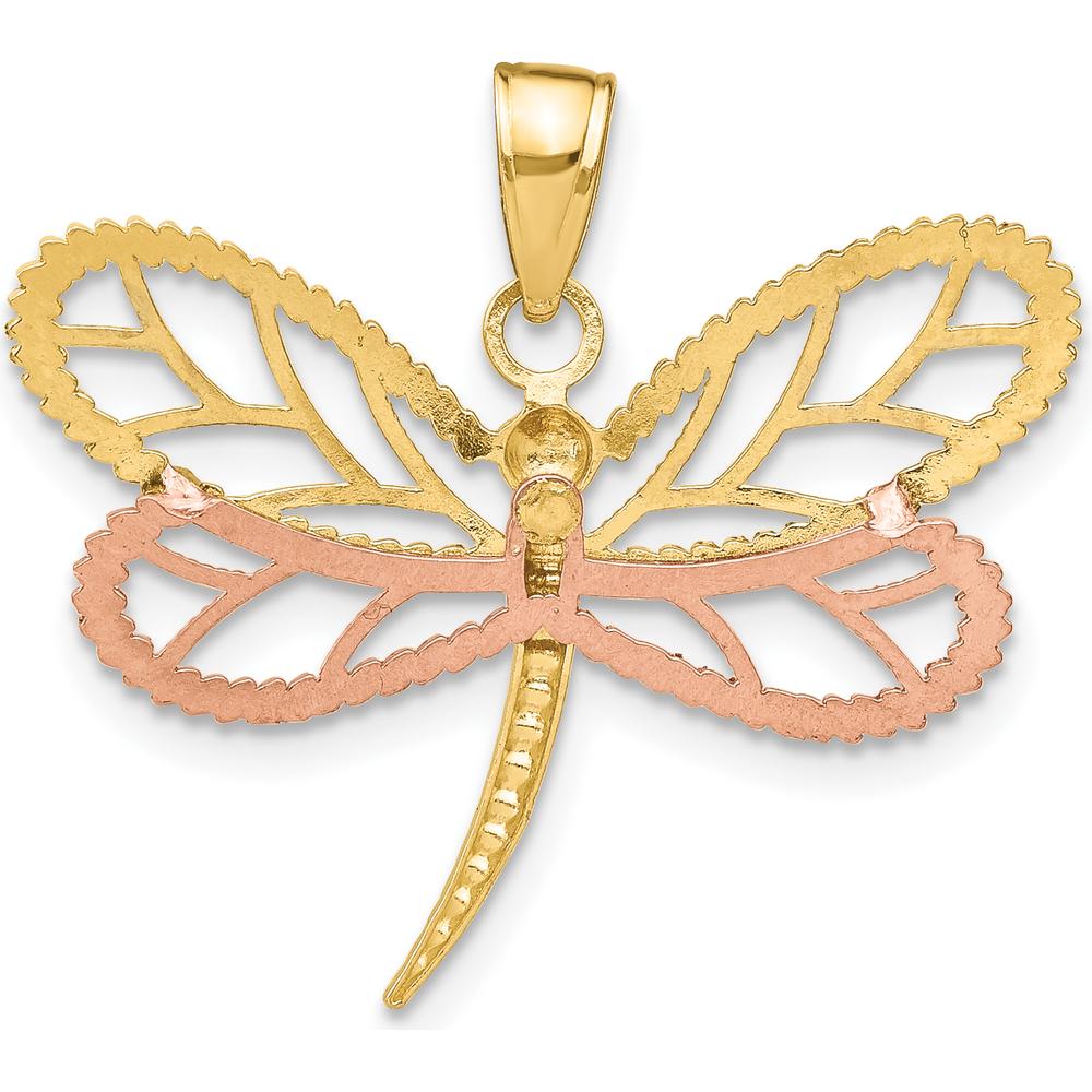 14K Two-Tone Gold Dragonfly Charm with Beaded Diamond-Cut Wings in Rhodium Finish - 24.6mm Length by Oro Pregiato