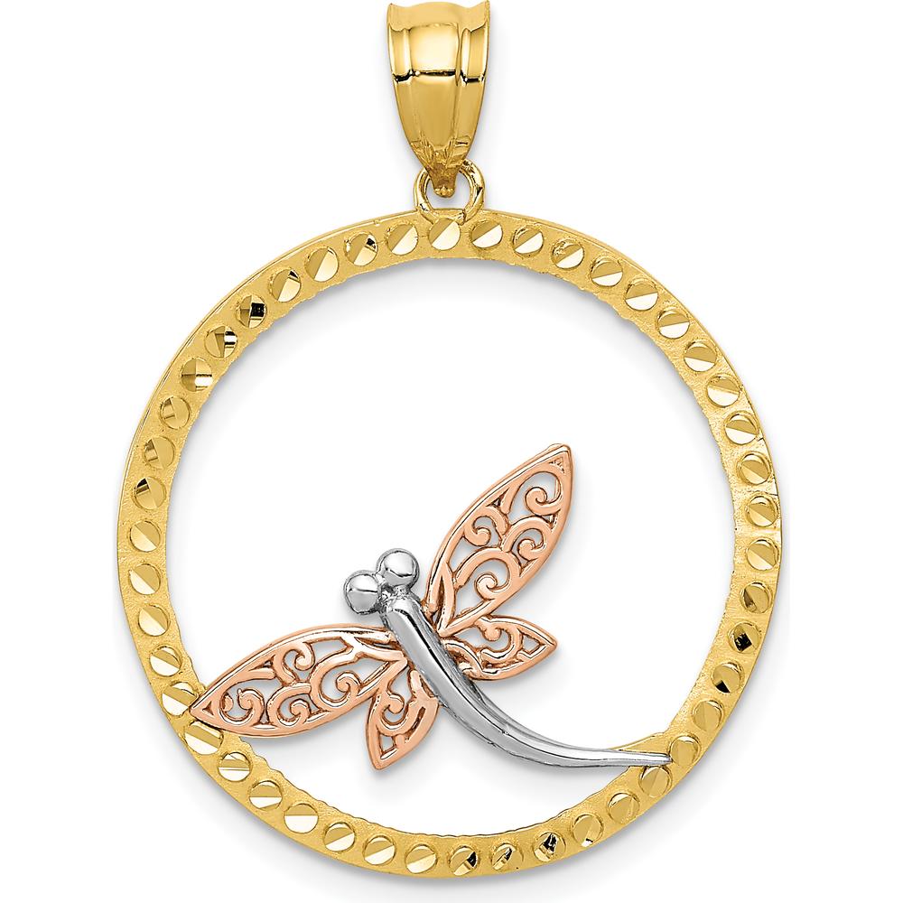 14K Two-Tone Gold Dragonfly in Circle Pendant with Rhodium Accents - 31mm Length by Oro Pregiato
