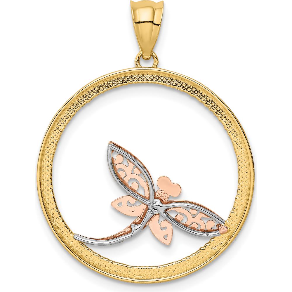 14K Two-Tone Gold Dragonfly in Circle Pendant with Rhodium Accents - 31mm Length by Oro Pregiato