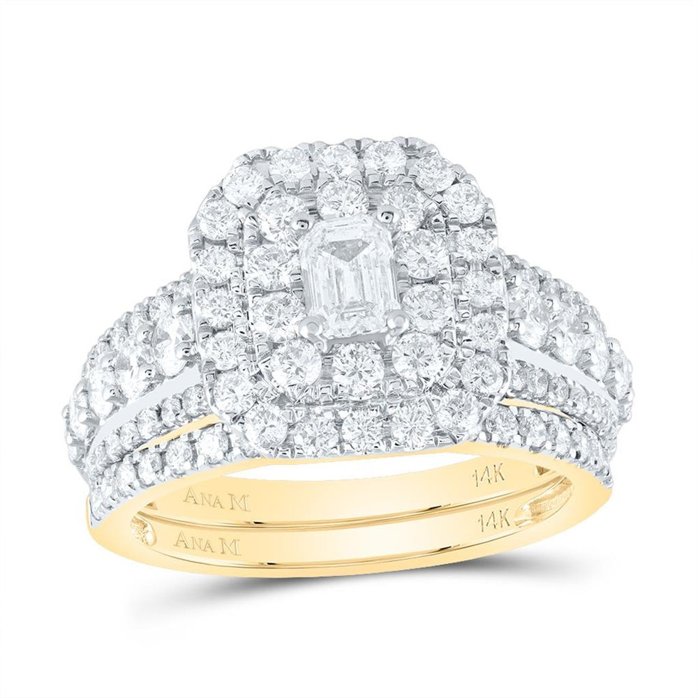14K Two-Tone Gold Emerald Diamond Bridal Ring Set - 2 Carat Total Diamond Weight