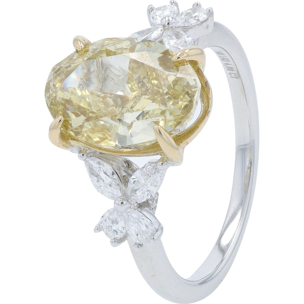 14K Two-Tone Gold Engagement Ring with 4.09 Carat Oval Yellow Lab Grown Diamond and Floral Cluster Side Stones - 4.69 Carat Total Diamond Weight