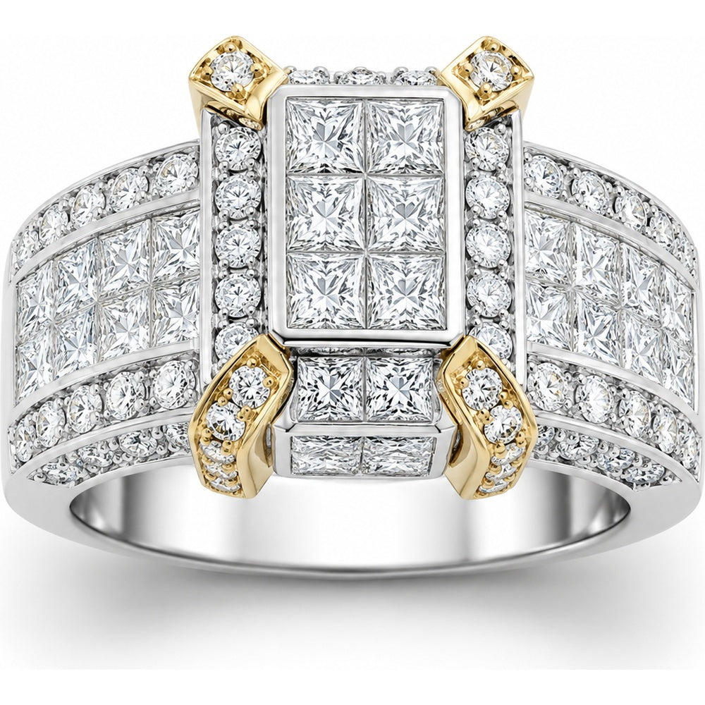 14K Two-Tone Gold Engagement Ring with Invisible-Set Princess Cut and Channel-Set Round Diamonds - 3.27 Carat Total Diamond Weight by Auriventus