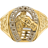 14K Two-Tone Gold Equestrian Horseshoe Ring with Sculpted Horse Design by IBGoodman