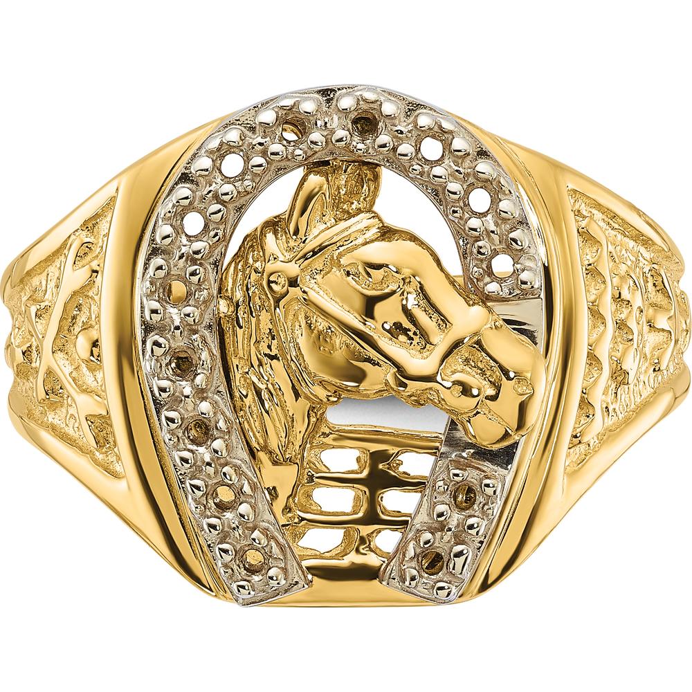 14K Two-Tone Gold Equestrian Horseshoe Ring with Sculpted Horse Design by IBGoodman