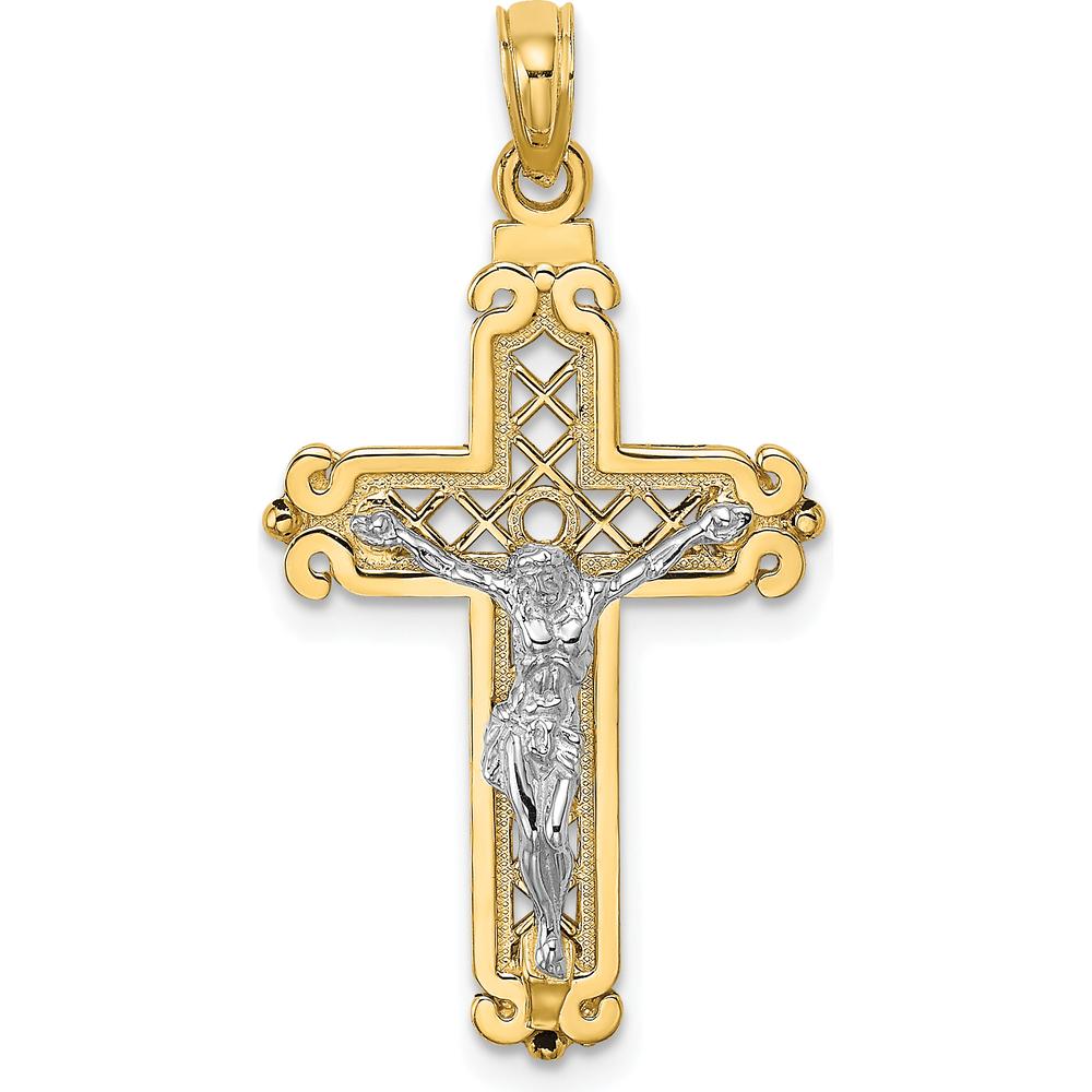14K Two-Tone Gold Fancy Crucifix Pendant Charm with Intricate Detailing by Oro Pregiato