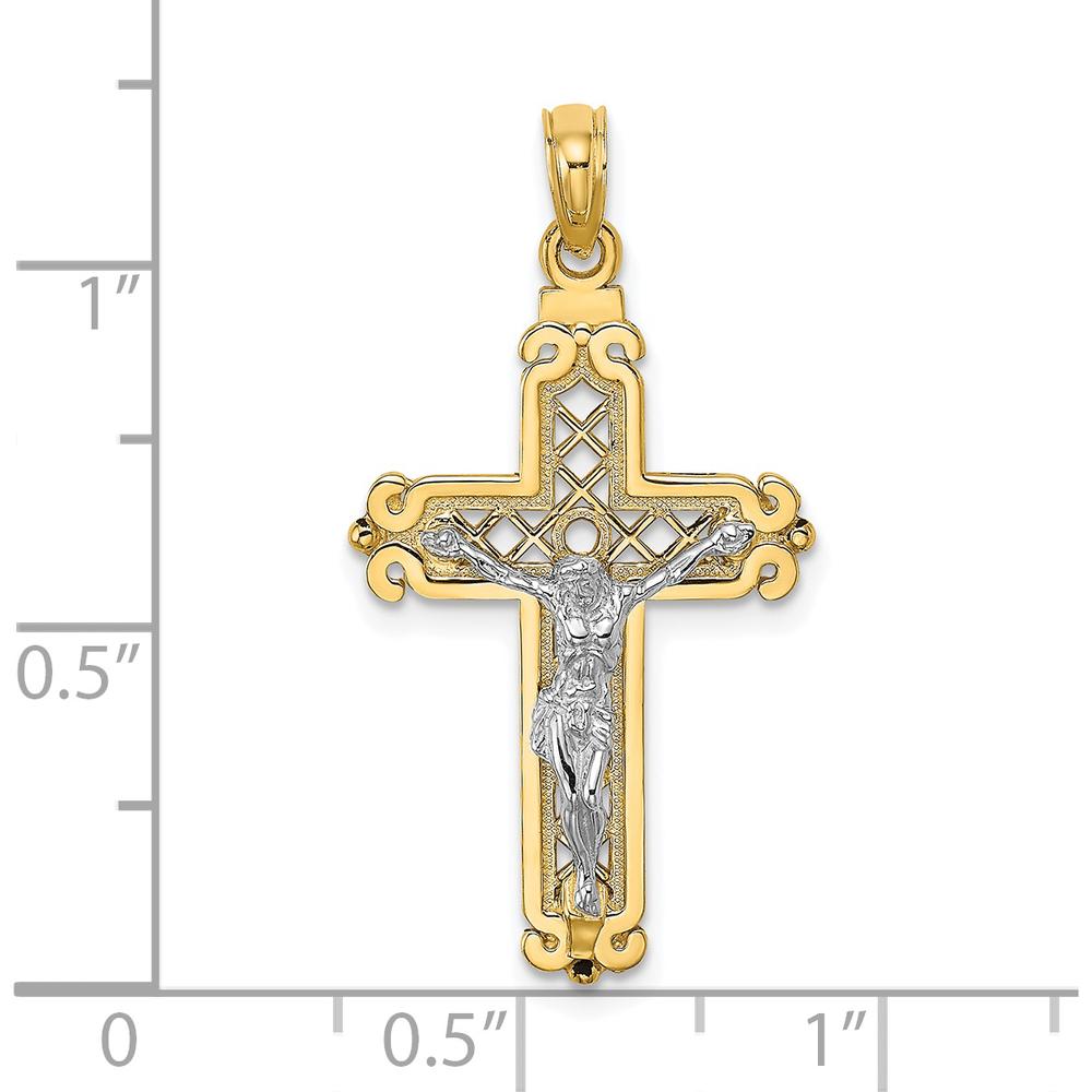 14K Two-Tone Gold Fancy Crucifix Pendant Charm with Intricate Detailing by Oro Pregiato