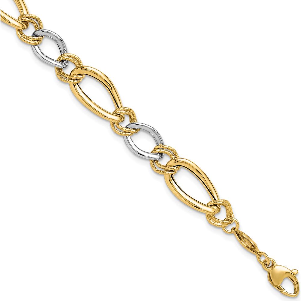 14K Two-Tone Gold Fancy Oval Curb Bracelet with Textured Links - 7.5" Length by 0