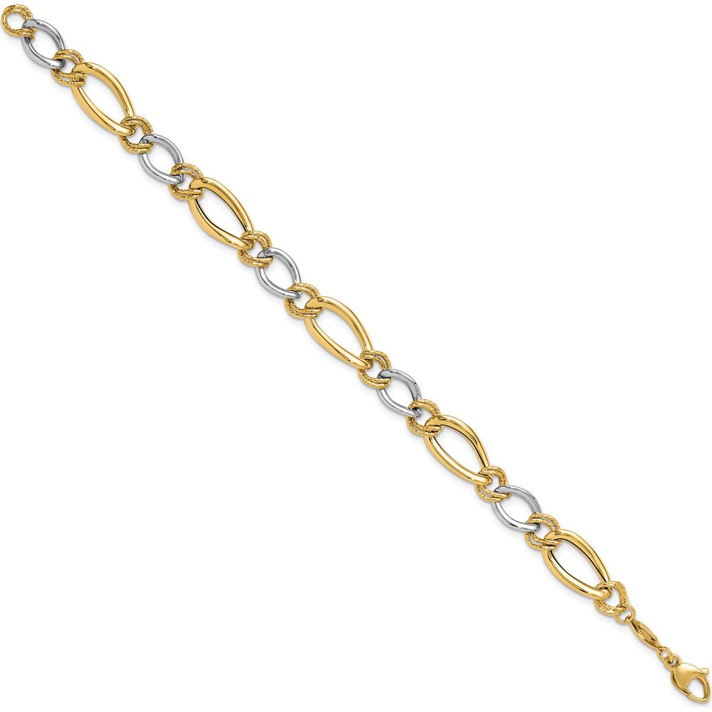 14K Two-Tone Gold Fancy Oval Curb Bracelet with Textured Links - 7.5" Length by 0