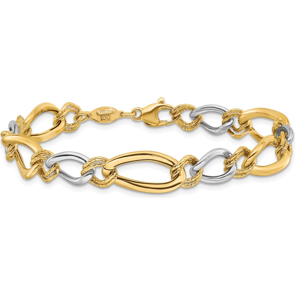 14K Two-Tone Gold Fancy Oval Curb Bracelet with Textured Links - 7.5" Length by 0