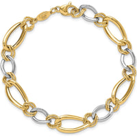 14K Two-Tone Gold Fancy Oval Curb Bracelet with Textured Links - 7.5" Length by 0