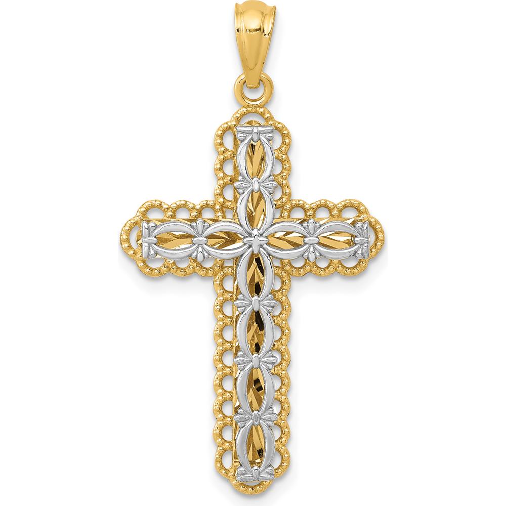 14K Two-Tone Gold Filigree Cross Pendant with Polished Finish - 34mm Length by Oro Pregiato