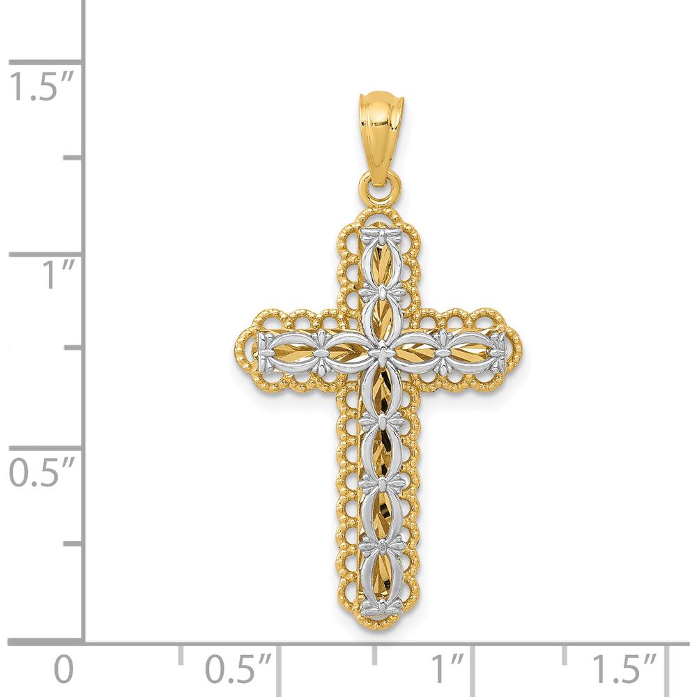 14K Two-Tone Gold Filigree Cross Pendant with Polished Finish - 34mm Length by Oro Pregiato