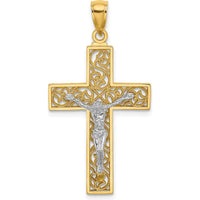 14K Two-Tone Gold Filigree Crucifix Pendant with Detailed Religious Design by Oro Pregiato