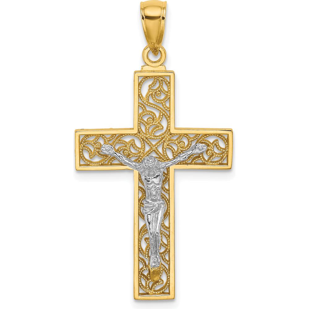 14K Two-Tone Gold Filigree Crucifix Pendant with Detailed Religious Design by Oro Pregiato