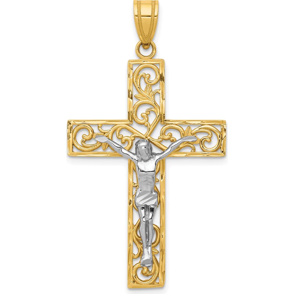 14K Two-Tone Gold Filigree Crucifix Pendant with Diamond-Cut Detailing - 46mm Length by Oro Pregiato