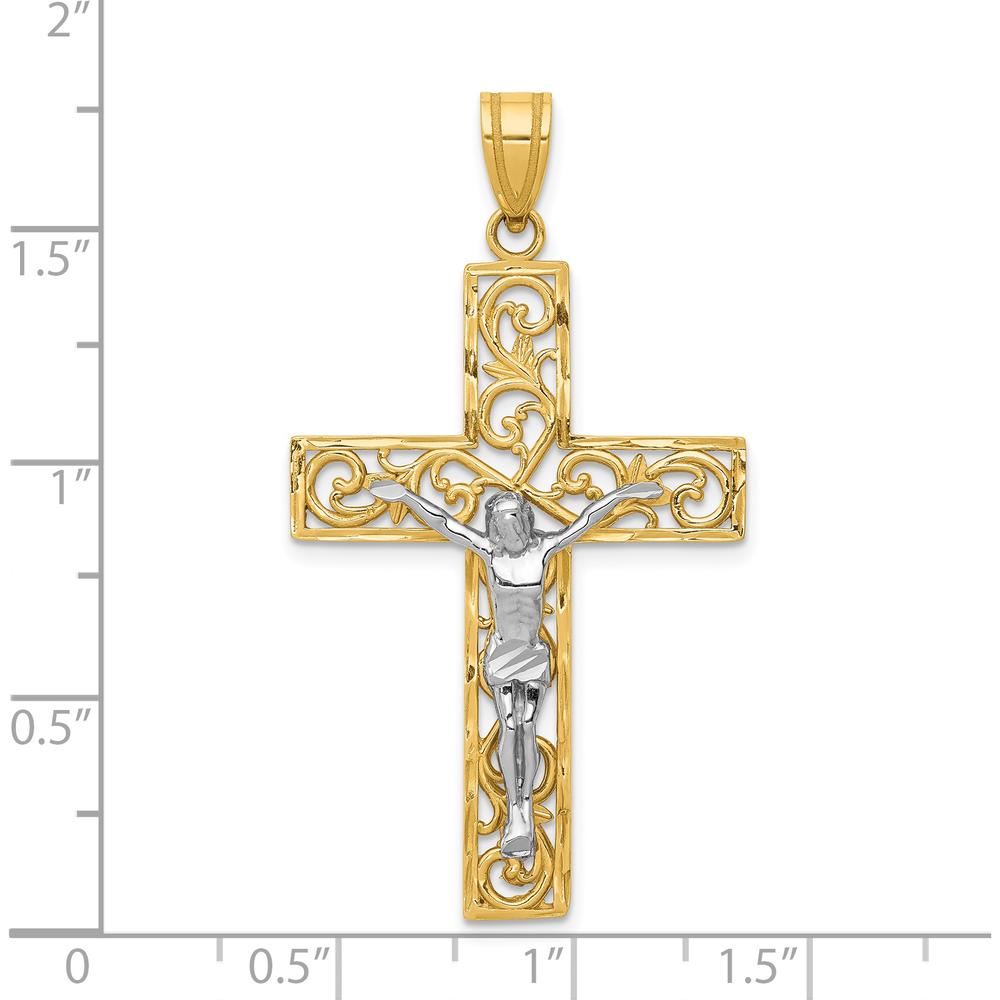 14K Two-Tone Gold Filigree Crucifix Pendant with Diamond-Cut Detailing - 46mm Length by Oro Pregiato
