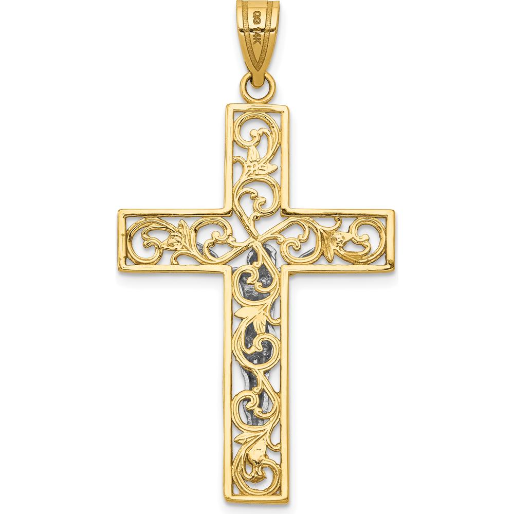 14K Two-Tone Gold Filigree Crucifix Pendant with Diamond-Cut Detailing - 46mm Length by Oro Pregiato