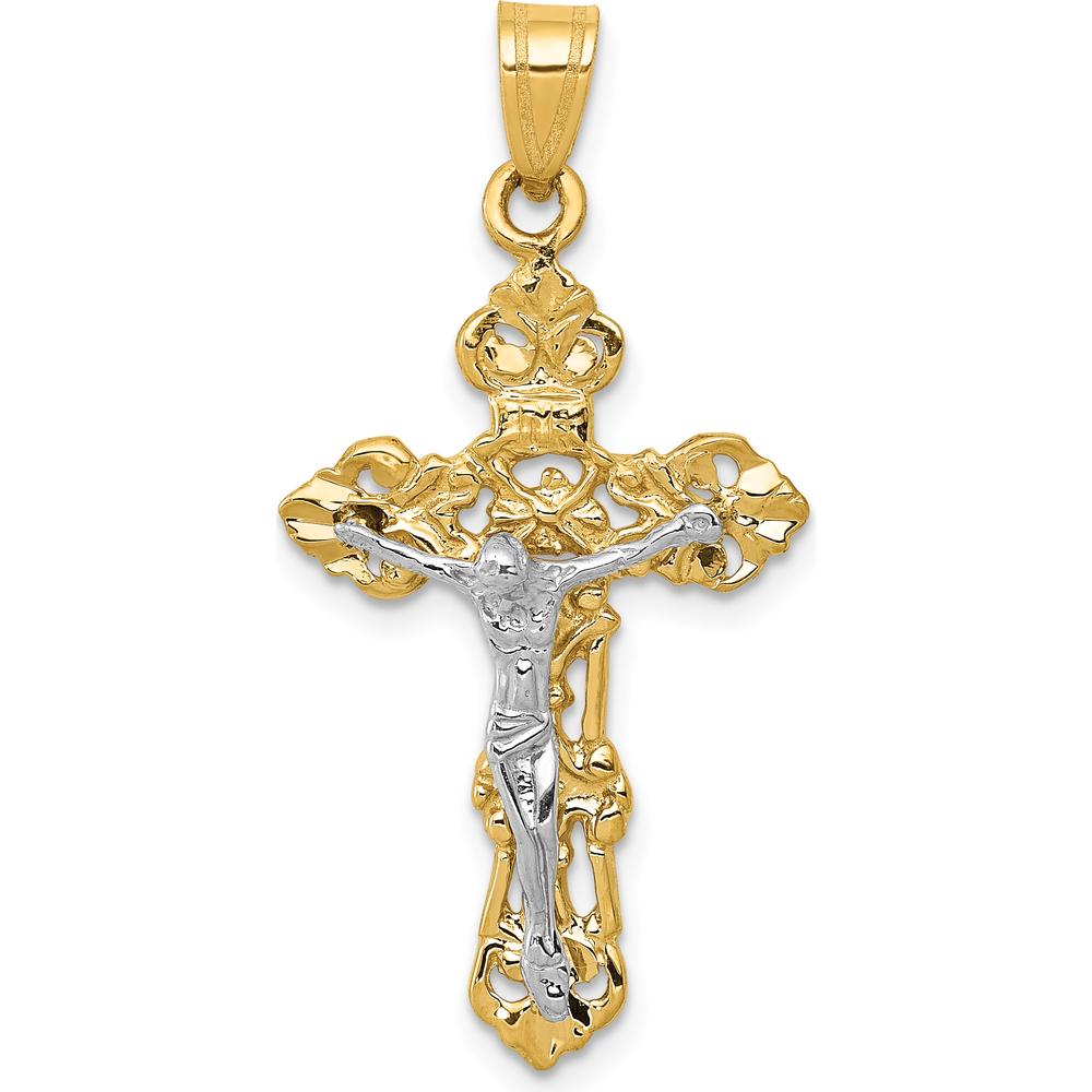 14K Two-Tone Gold Fleur De Lis Crucifix Pendant - 36mm Length by Oro Pregiato