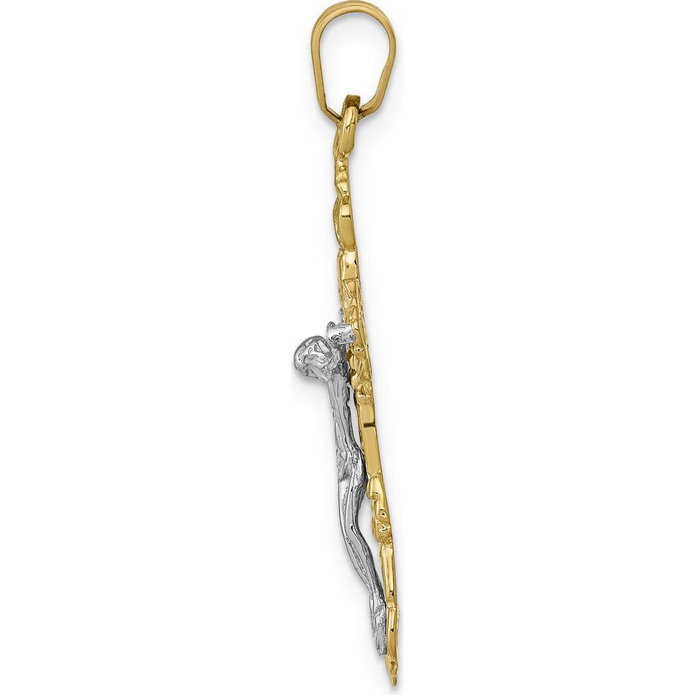 14K Two-Tone Gold Fleur De Lis Crucifix Pendant - 36mm Length by Oro Pregiato