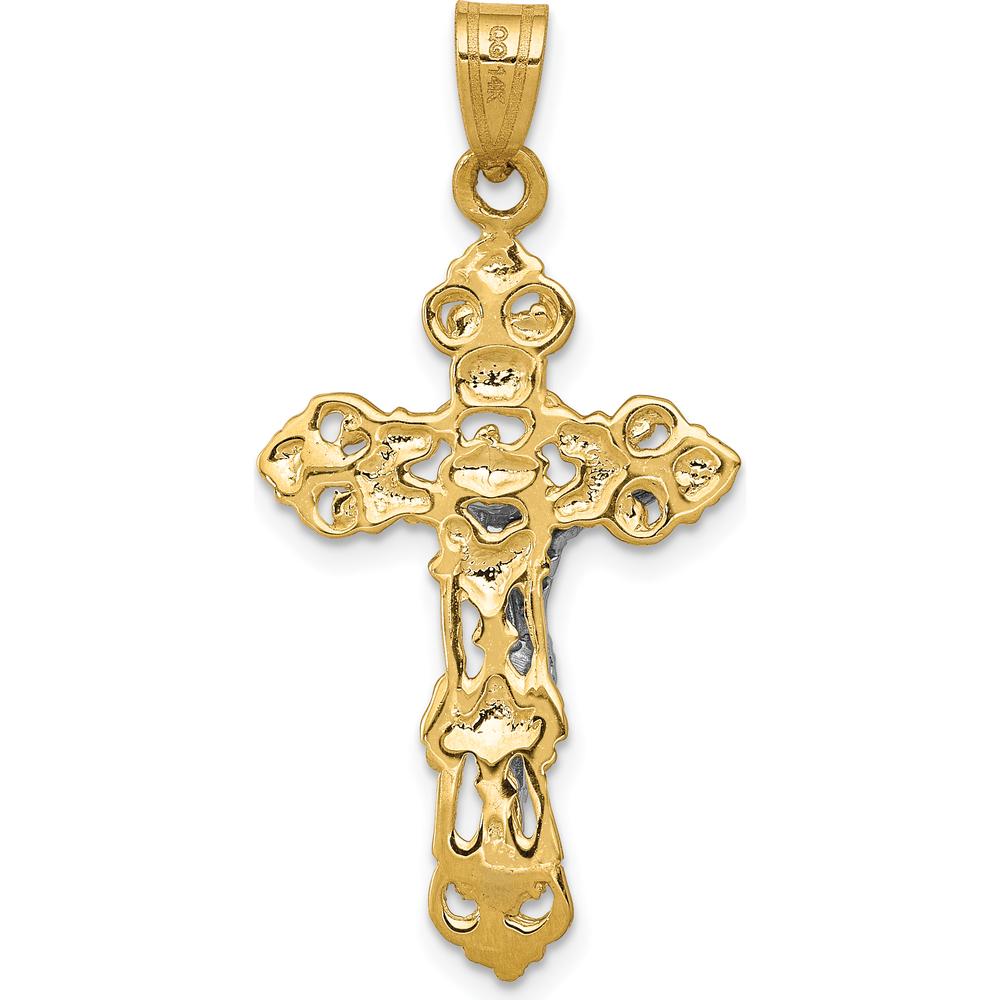 14K Two-Tone Gold Fleur De Lis Crucifix Pendant - 36mm Length by Oro Pregiato