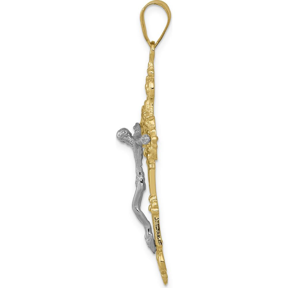 14K Two-Tone Gold Fleur De Lis INRI Crucifix Pendant - 47mm Length by Oro Pregiato