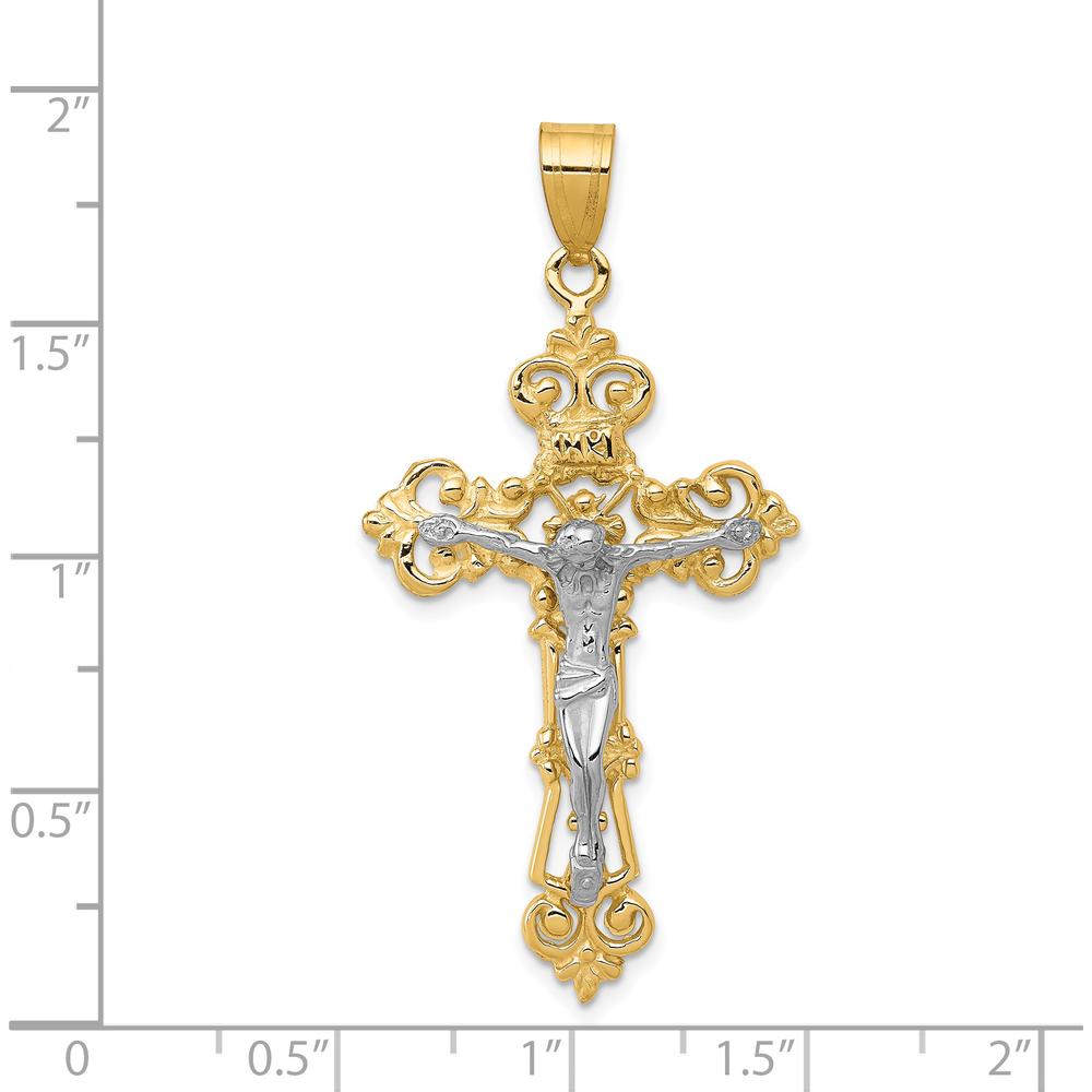 14K Two-Tone Gold Fleur De Lis INRI Crucifix Pendant - 47mm Length by Oro Pregiato