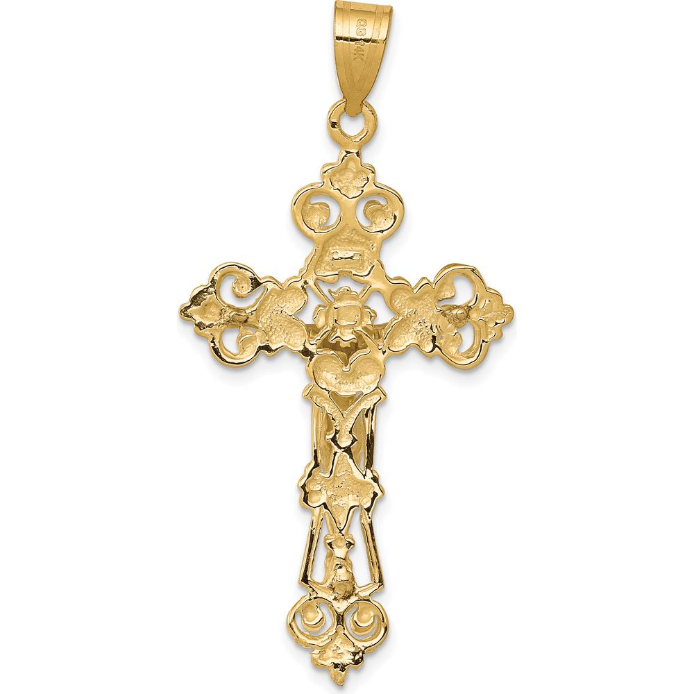 14K Two-Tone Gold Fleur De Lis INRI Crucifix Pendant - 47mm Length by Oro Pregiato