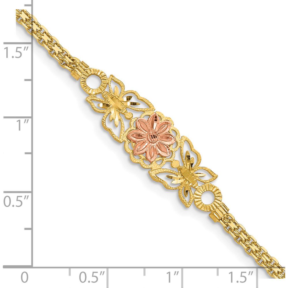 14K Two-Tone Gold Flower with Butterflies Filigree Bracelet with Bismark Chain - 7" by Oro Pregiato