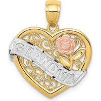 14K Two-Tone Gold GRANDMA Heart Pendant with Rose Accent - 22mm Length by Oro Pregiato
