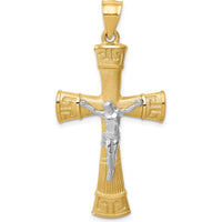 14K Two-Tone Gold Greek Key Brushed and Polished Crucifix Pendant by Oro Pregiato