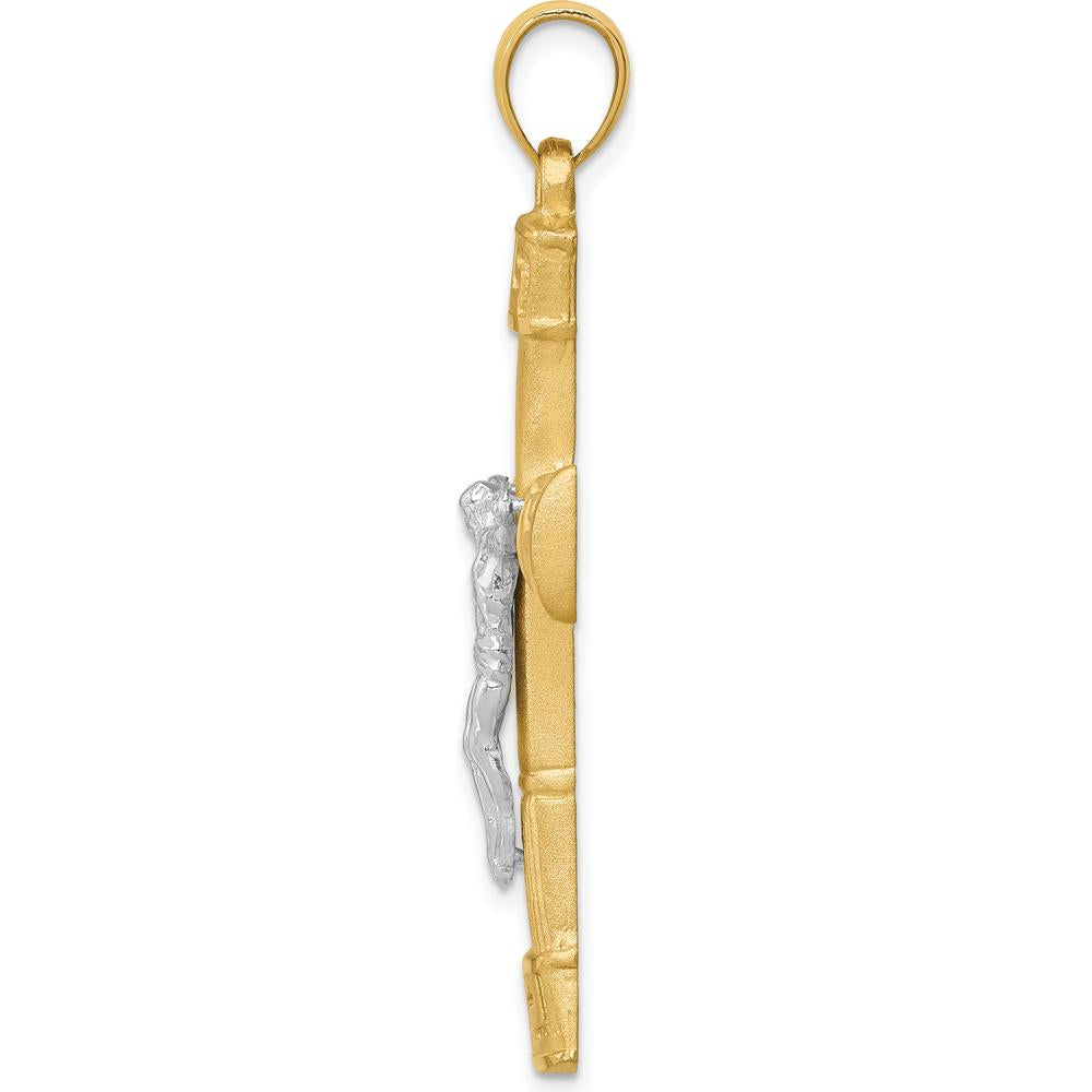 14K Two-Tone Gold Greek Key Brushed and Polished Crucifix Pendant by Oro Pregiato