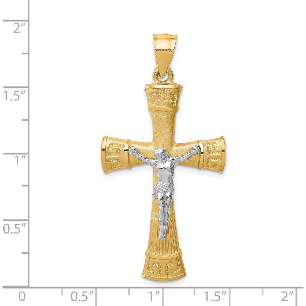 14K Two-Tone Gold Greek Key Brushed and Polished Crucifix Pendant by Oro Pregiato