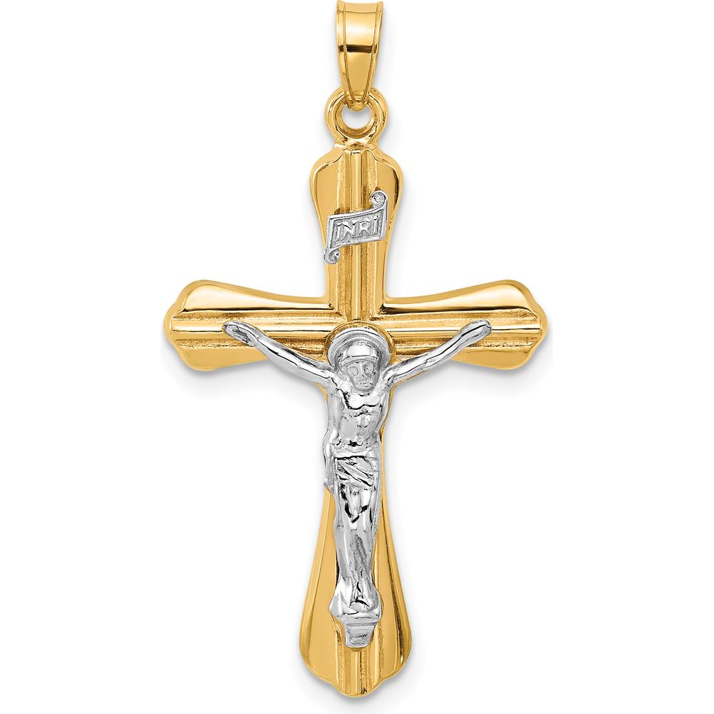 14K Two-Tone Gold Grooved Hollow INRI Crucifix Pendant - Polished Finish by Oro Pregiato