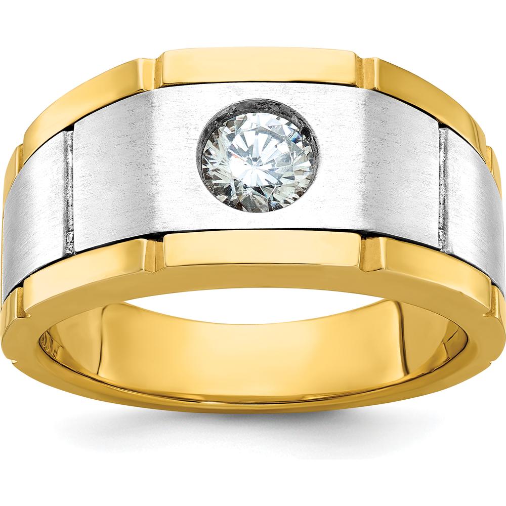 14K Two-Tone Gold Grooved Ring with Round Diamond Center by IBGoodman