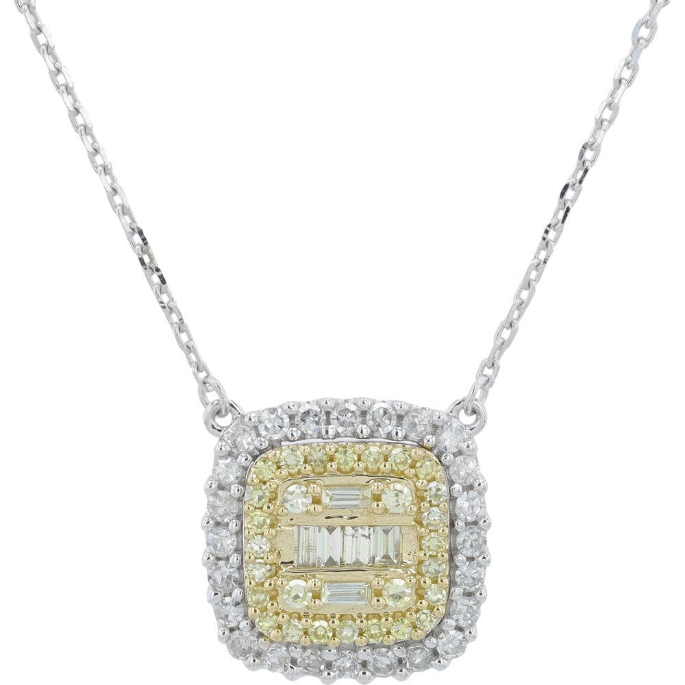 14K Two-Tone Gold Halo Cluster Necklace with Baguette and Round Diamonds - 0.50 Carat Total Diamond Weight