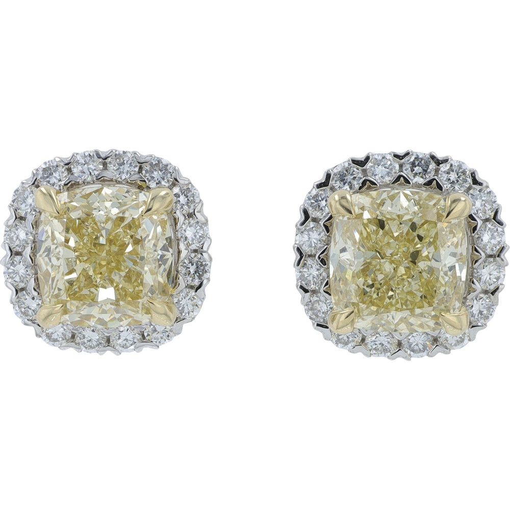 14K Two-Tone Gold Halo Stud Earrings with Cushion-Cut Yellow Lab Grown Diamonds - 2.84 Carat Total Diamond Weight