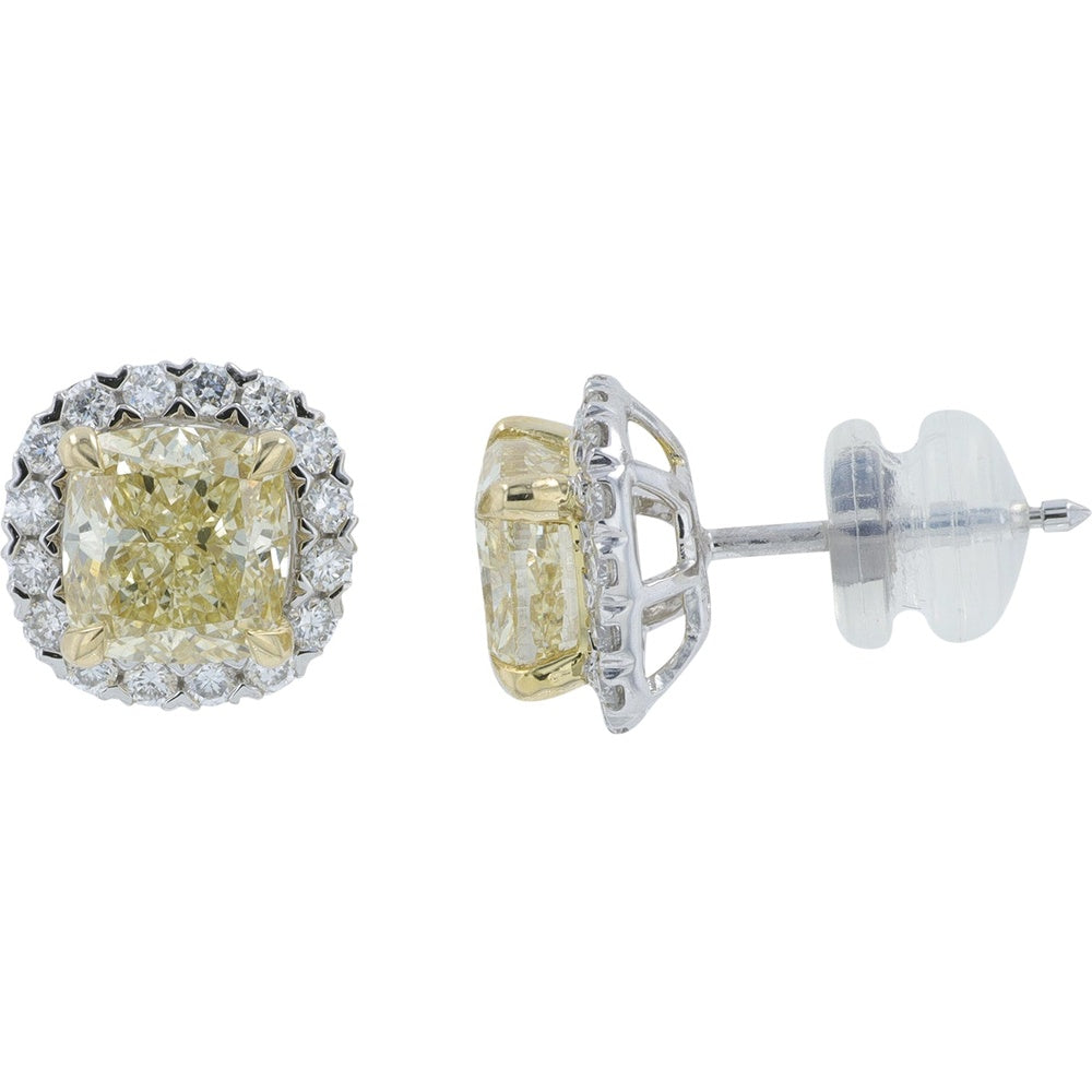 14K Two-Tone Gold Halo Stud Earrings with Cushion-Cut Yellow Lab Grown Diamonds - 2.84 Carat Total Diamond Weight
