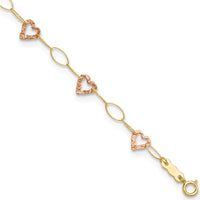 14K Two-Tone Gold Hammered Open Hearts & Oval Link Anklet - Adjustable 9" + 1" Extender