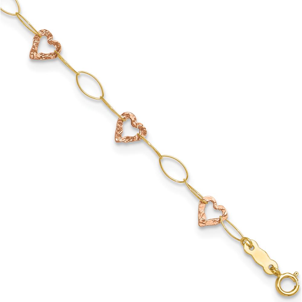 14K Two-Tone Gold Hammered Open Hearts & Oval Link Anklet - Adjustable 9" + 1" Extender