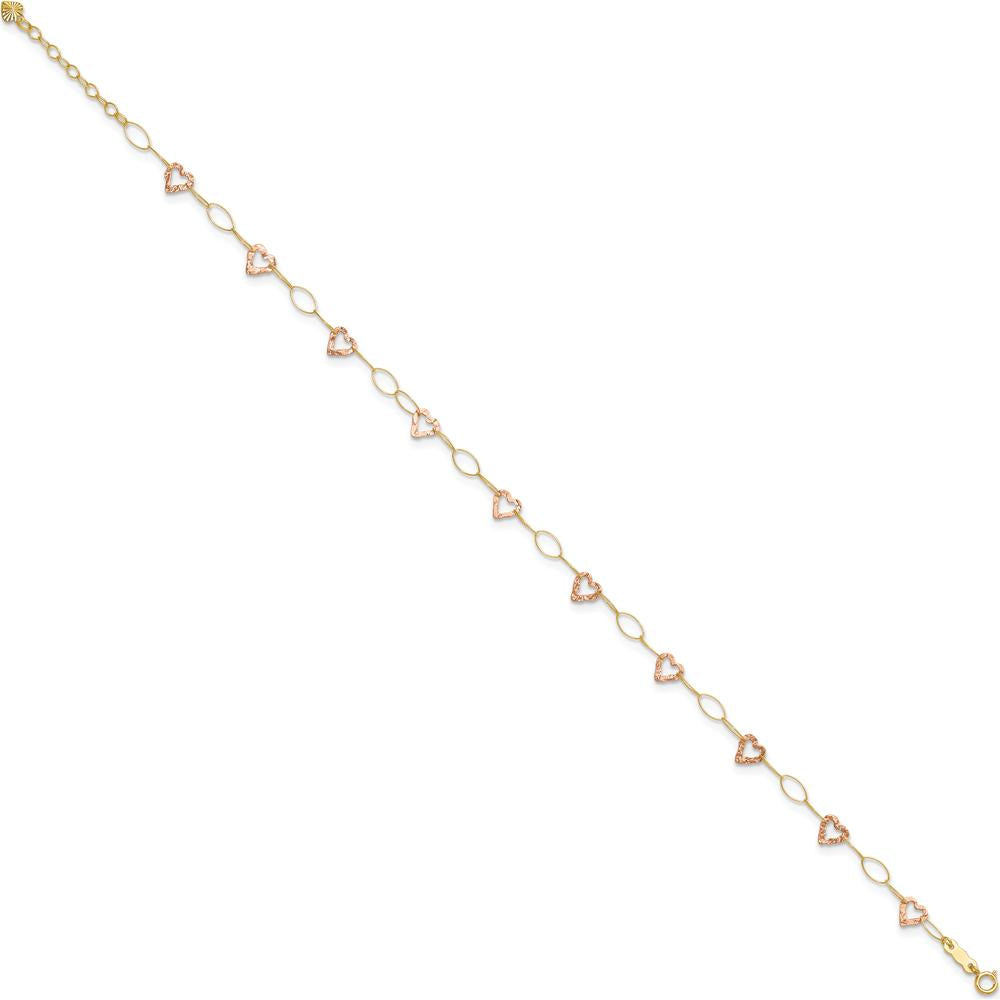 14K Two-Tone Gold Hammered Open Hearts & Oval Link Anklet - Adjustable 9" + 1" Extender
