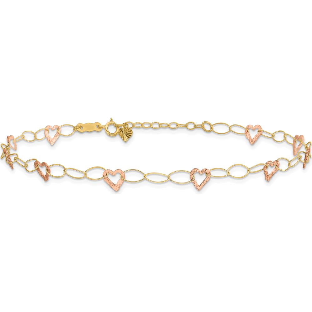 14K Two-Tone Gold Hammered Open Hearts & Oval Link Anklet - Adjustable 9" + 1" Extender