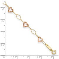 14K Two-Tone Gold Hammered Open Hearts & Oval Link Anklet - Adjustable 9" + 1" Extender